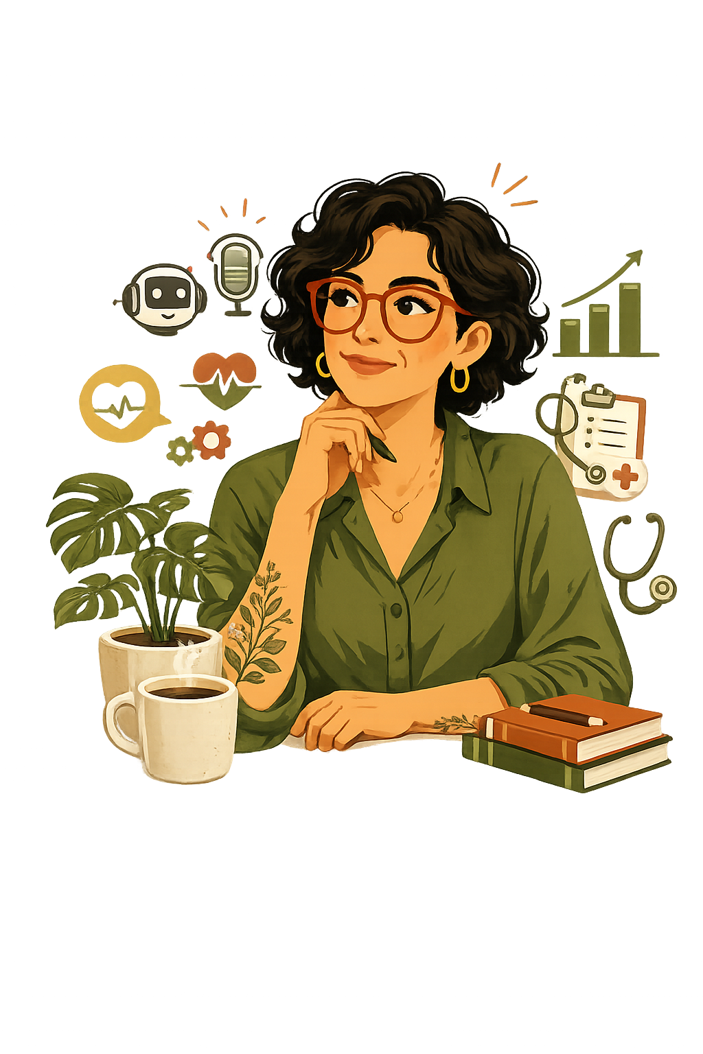 Cindy Potes entre símbolos de creatividad, salud, tecnología, plantas y negocios